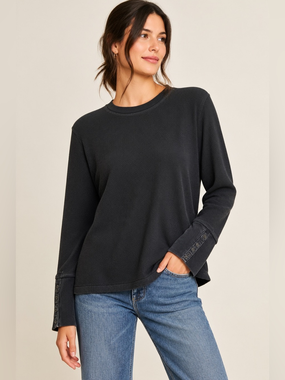 Sundance XL Black Thermal Waffle Knit Top Velvet Button Cuffs Boho Cottagecore